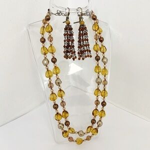 Vintage Brown honey Bronze Art Glass Beaded Double Necklace tassel earrings set